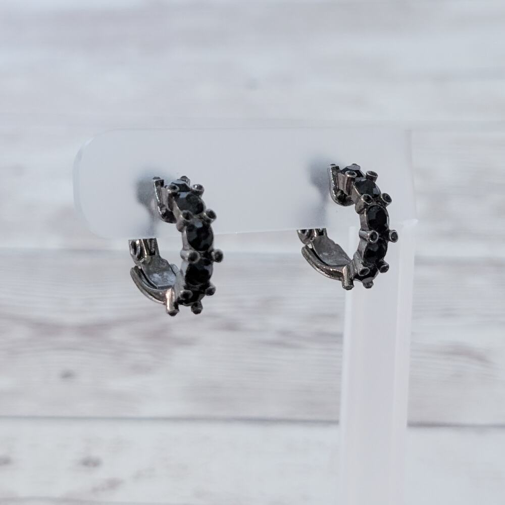 Vintage Clip On Earrings Black Gem Hoops 0.75"